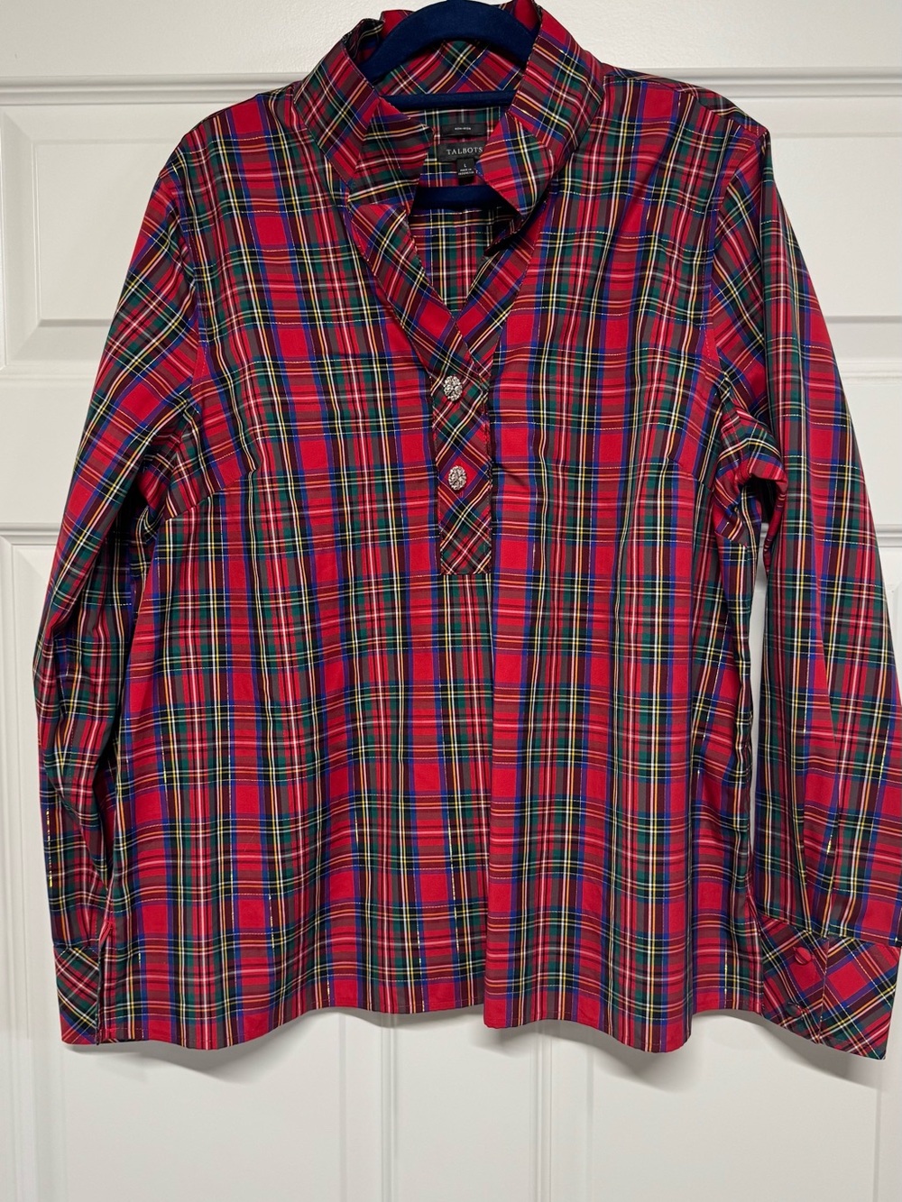 Talbots Red Tartan Plaid Popover Blouse L